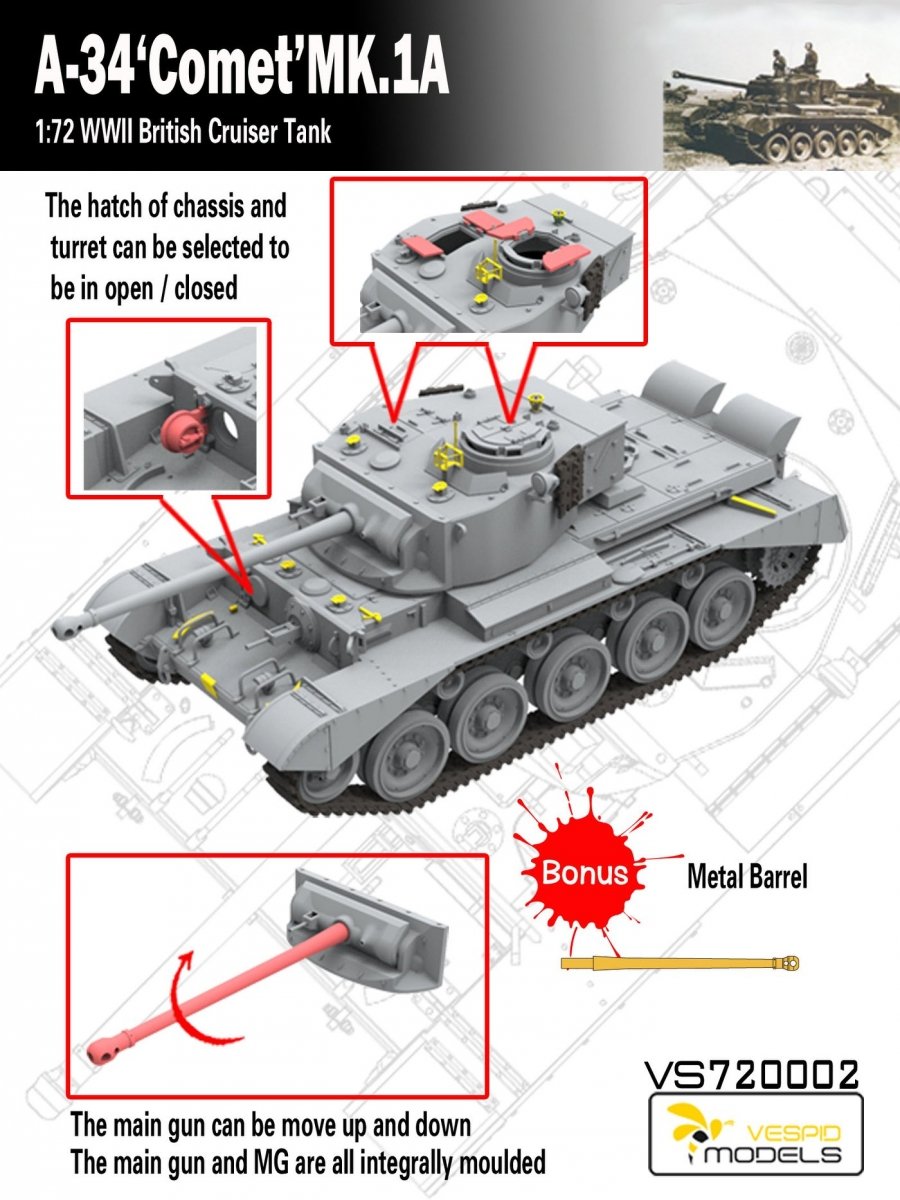 Vespid Models VS720002 A-34 &amp;#39;Comet&amp;#39; MK.1A British Cruiser Tank 1/72 – imagen 3