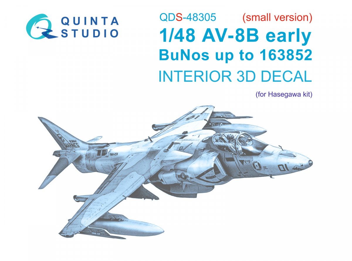 Intérieur imprimé en 3D et coloré sur papier décalcomanie Quinta Studio QDS-48305 AV-8B (version initiale) (Hasegawa) (petite version) 1/48