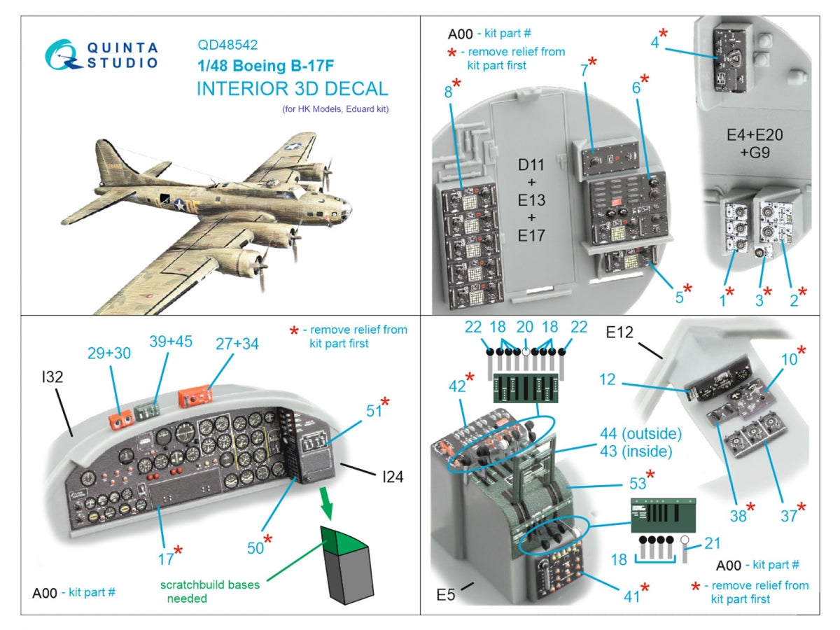 Intérieur imprimé en 3D et coloré sur papier décalcomanie pour Boeing B-17F (Quinta Studio QD48542, HK models, Eduard) à l&amp;#39;échelle 1/48 – image 2