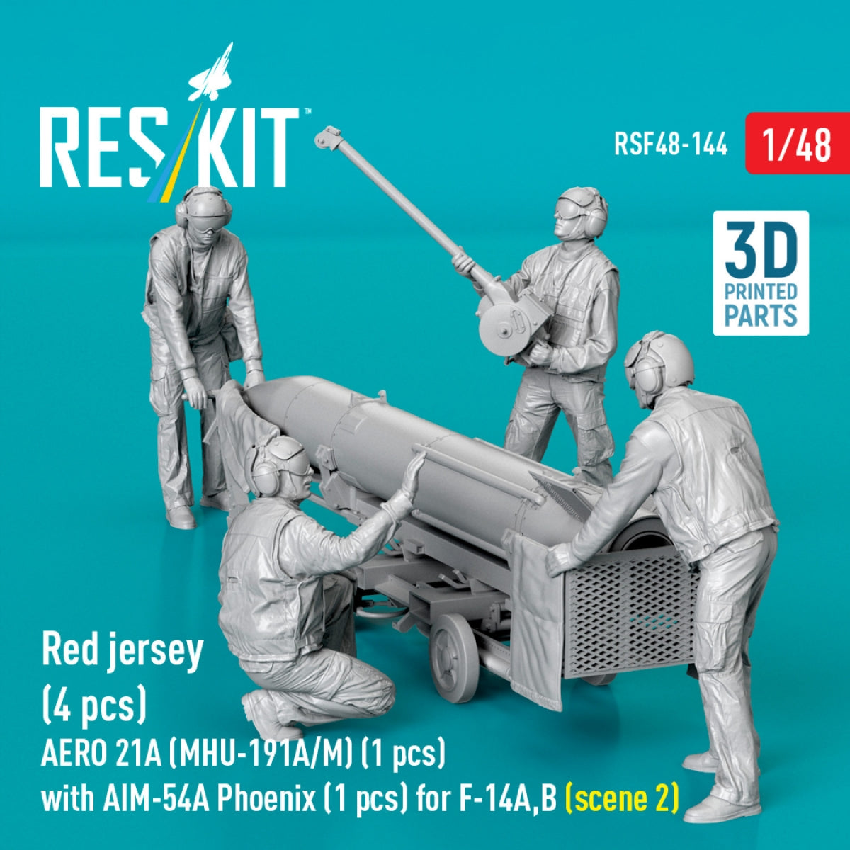 RESKIT RSF48-0144 Red jersey (4 pcs) AERO 21A (MHU-191A/M) (1 pcs) with AIM-54A Phoenix (1 pcs) for F-14A,B (scene 2) (3D Printed) 1/48