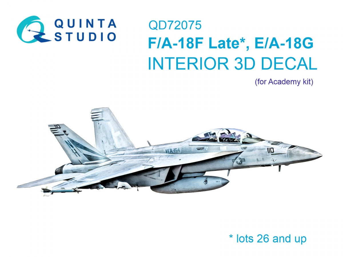 Quinta Studio QD72075 F/A-18F Late, E/A-18G 3D-Printed &amp; colored Interior on decal paper (Academy) 1/72