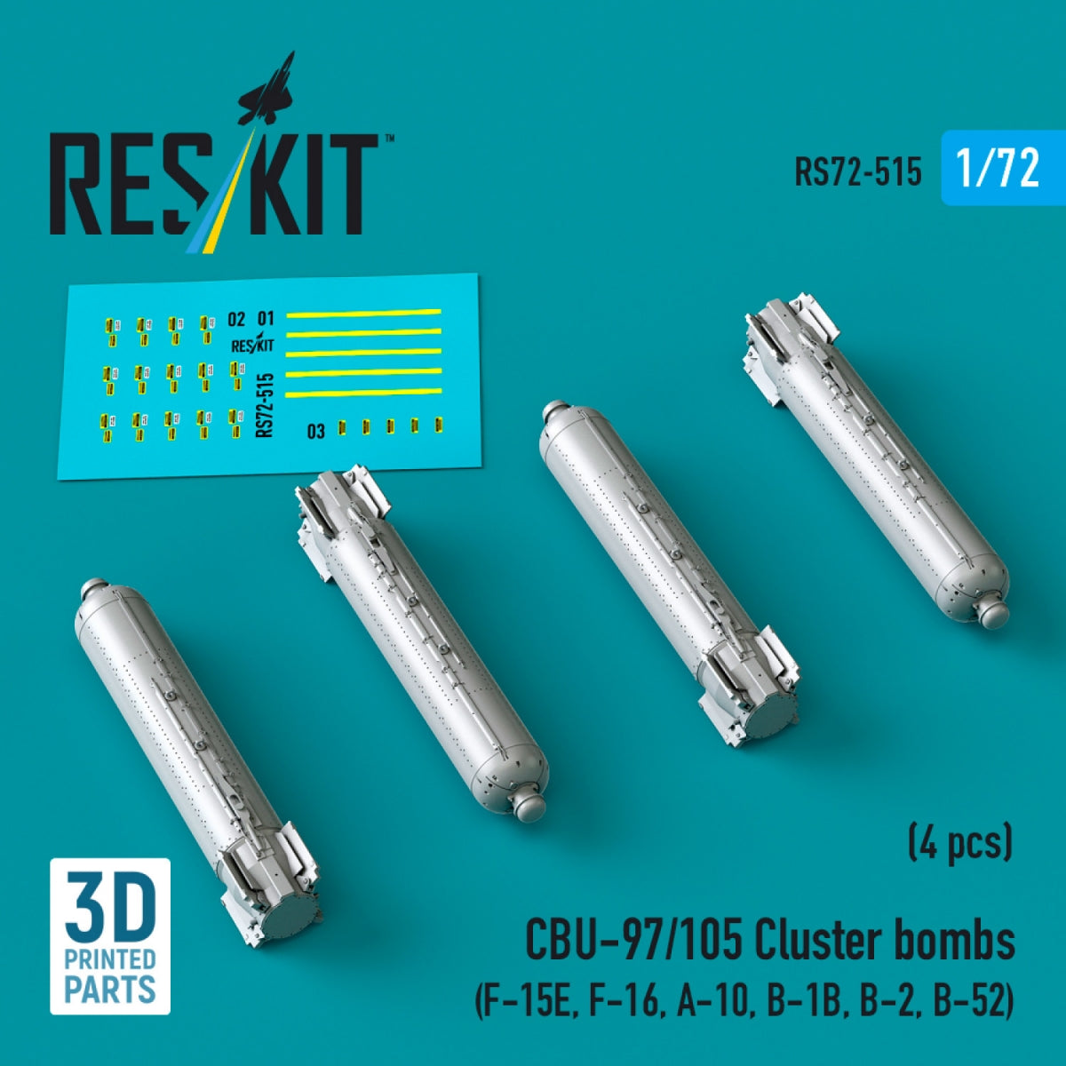 RESKIT RS72-0515 Bombes à fragmentation CBU-89A GATOR (4 pièces) (Impression 3D) 1/72