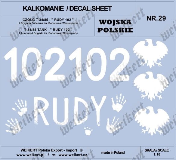 Weikert Decals DEC229 POLISH ARMY - TANK T-34/85, RUDY 102 and others / 1st and 2nd Polish Army 1/16