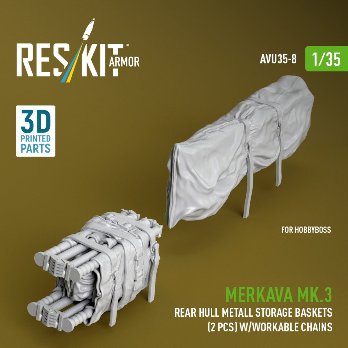 RESKIT AVU35-0008 Merkava Mk.3 rear hull metall storage baskets (2 pcs) w/workable chains for HobbyBoss kit (3D Printed) 1/35