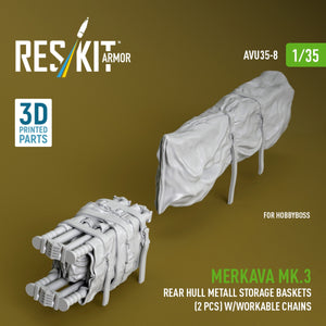 RESKIT AVU35-0008 Merkava Mk.3 rear hull metall storage baskets (2 pcs) w/workable chains for HobbyBoss kit (3D Printed) 1/35