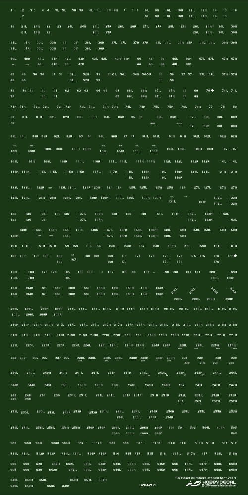 HobbyDecal ST32042V1 F-4 Numéros de panneau Police de pochoir blanche version 1 1/32