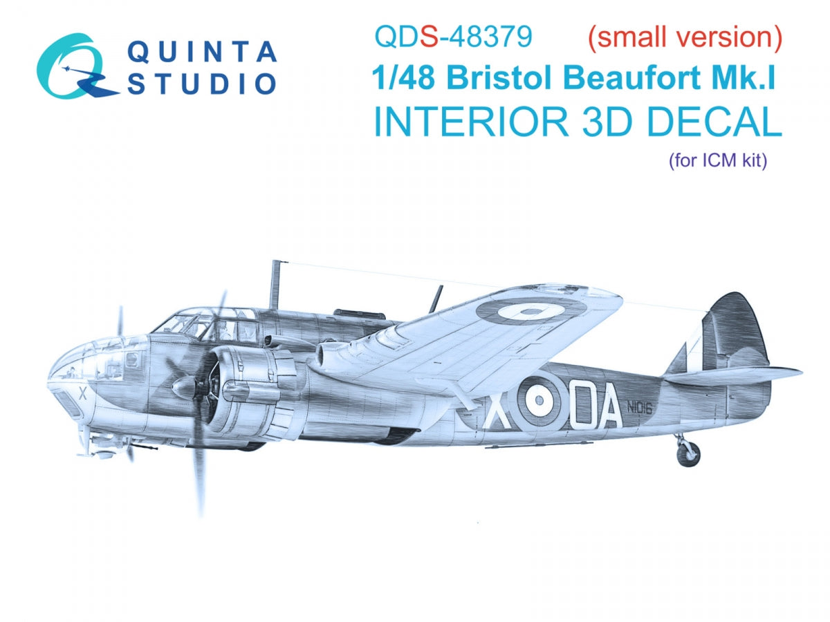 Quinta Studio QDS-48379 Bristol Beaufort Mk.I 3D-Printed & coloured Interior on decal paper (ICM) (Small version) 1/48