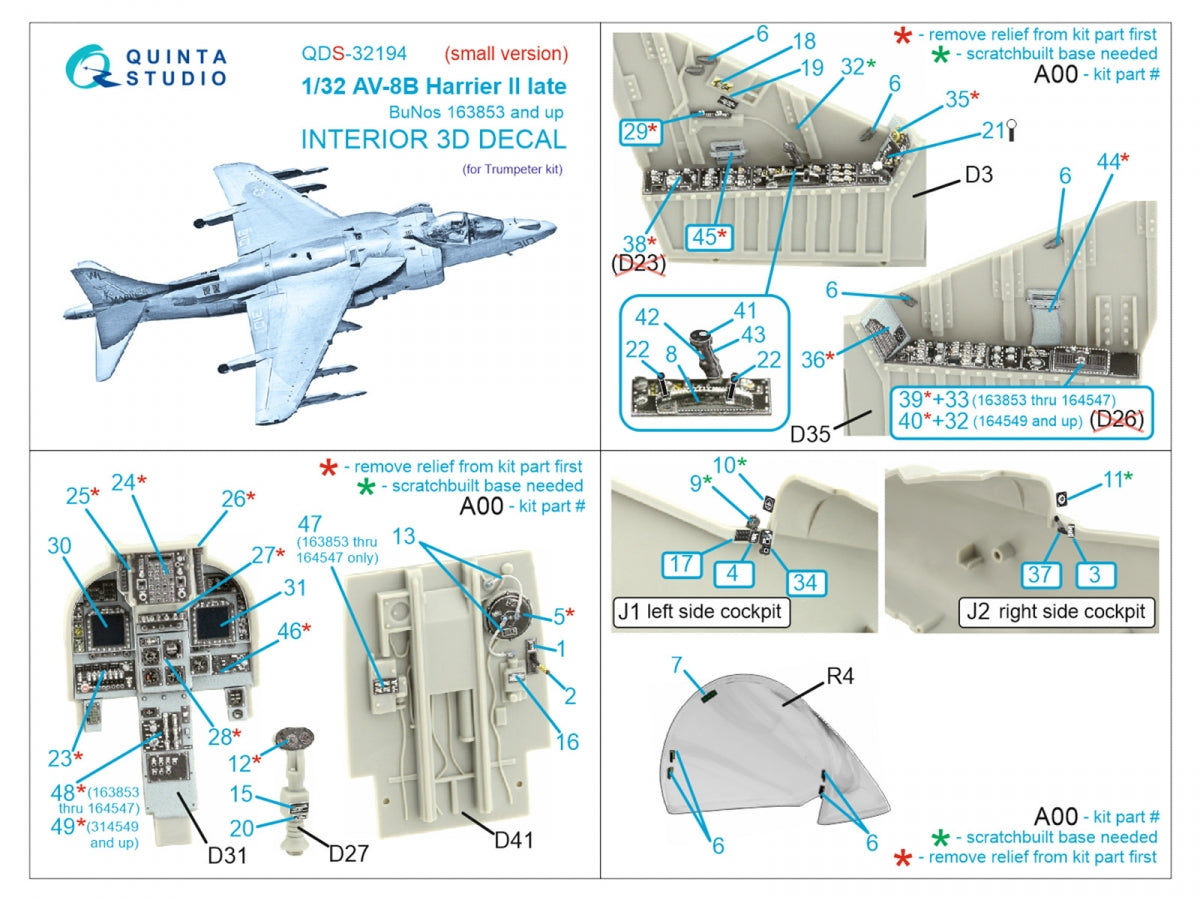 Quinta Studio QDS-32194 AV-8B Harrier II late 3D-Printed &amp;amp; coloured Interior on decal paper (Trumpeter) (small version) 1/32 – imagen 2
