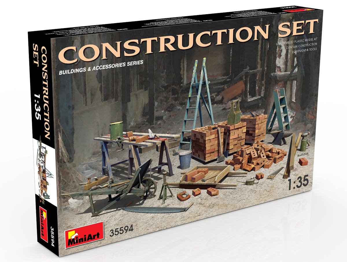 MiniArt 35594 Construction Set Kit: Ladders, Table, Buckets, Bricks, Cart, Anvil, Beams, Jack Stand &amp;amp; Tools 1/35 – imagen 2