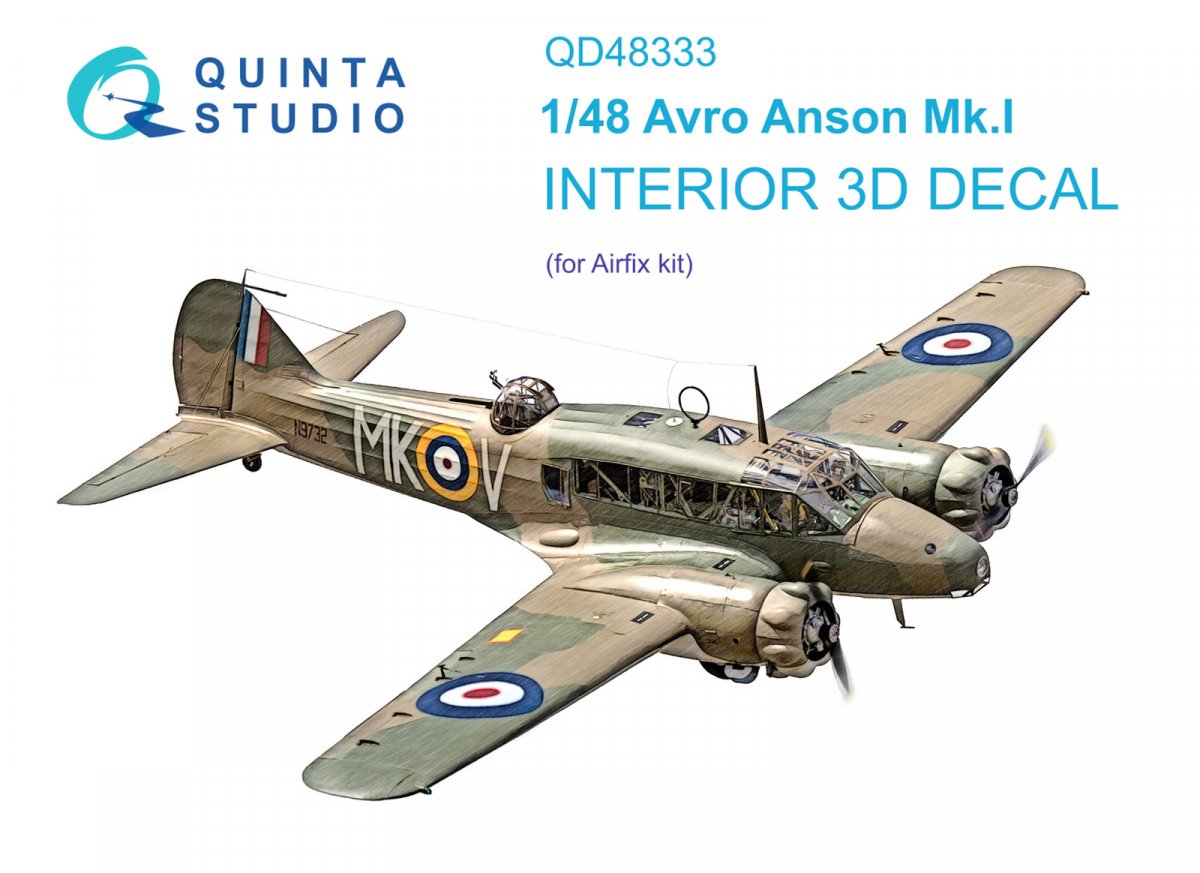 Quinta Studio QD48333 Avro Anson Mk.I 3D-Printed &amp;amp; coloured Interior on decal paper (Airfix) 1/48