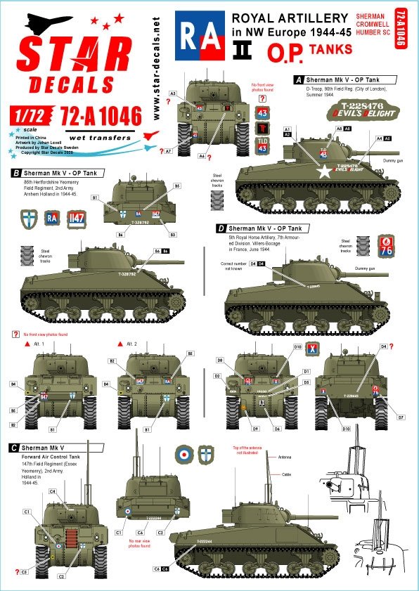 Star Decals 72-A1046 Artillerie royale n° 2. Spécial 75e anniversaire du Débarquement. Chars d'opérations - Sherman, Cromwell et Humber SC 1/72