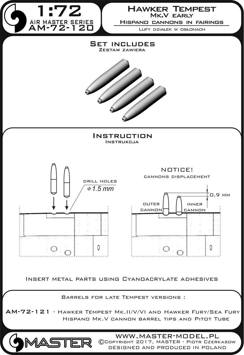 Master AM-72-120 Hawker Tempest Mk.V wczesna wersja - lufy działek Hispano 20mm w osłonach (4 szt.) 1/72 – immagine 3