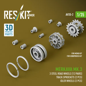 RESKIT AV35-0002 Merkava Mk.3 steel road wheels (12 pairs), track sprockets (2 pcs), idler wheels (2 pcs) for Meng/HobbyBoss kit (3D Printed) 1/35