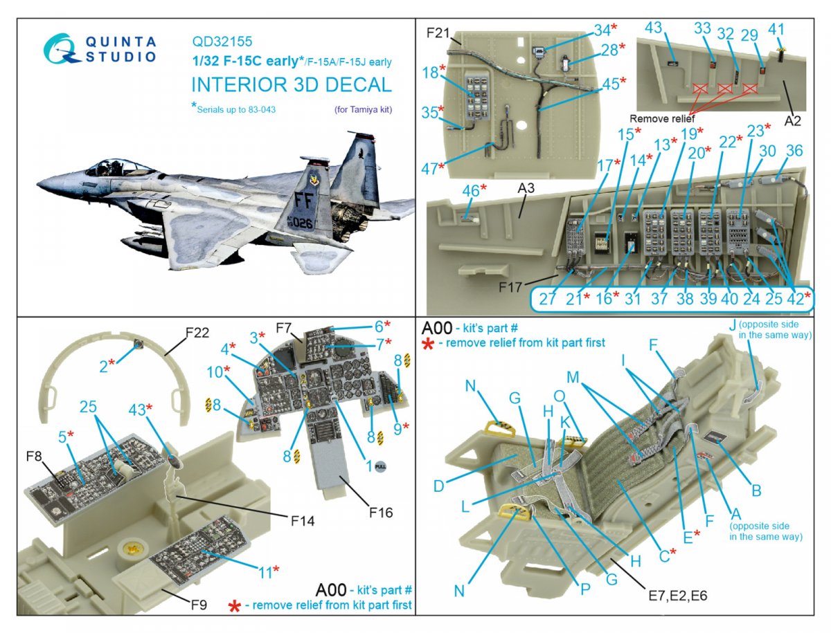 Quinta Studio QD32155 F-15C Early/F-15A/F-15J early 3D-Printed &amp;amp; coloured Interior on decal paper (Tamiya) 1/32 – imagen 9