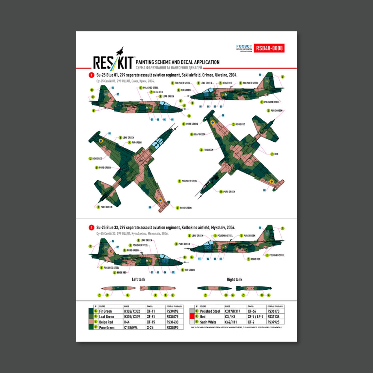 RESKIT RSB48-0008 Su-25 Frogfoot Geometric (BLUE 17, 33, 01, 02) Ukrainian Air Forces (Main Decals with Stencils)1/48