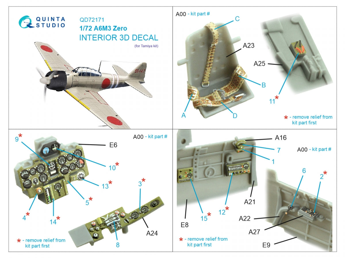Quinta Studio QD72171 A6M3 Zero 3D-Printed &amp;amp; coloured Interior on decal paper (Tamiya) 1/72 – immagine 3