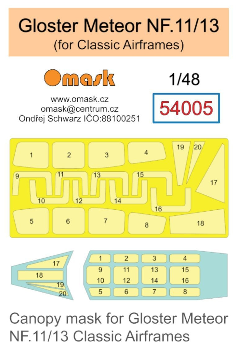 Omask 54005 Gloster Meteor NF.11/13 canopy mask (for Classic Airframes) 1/48