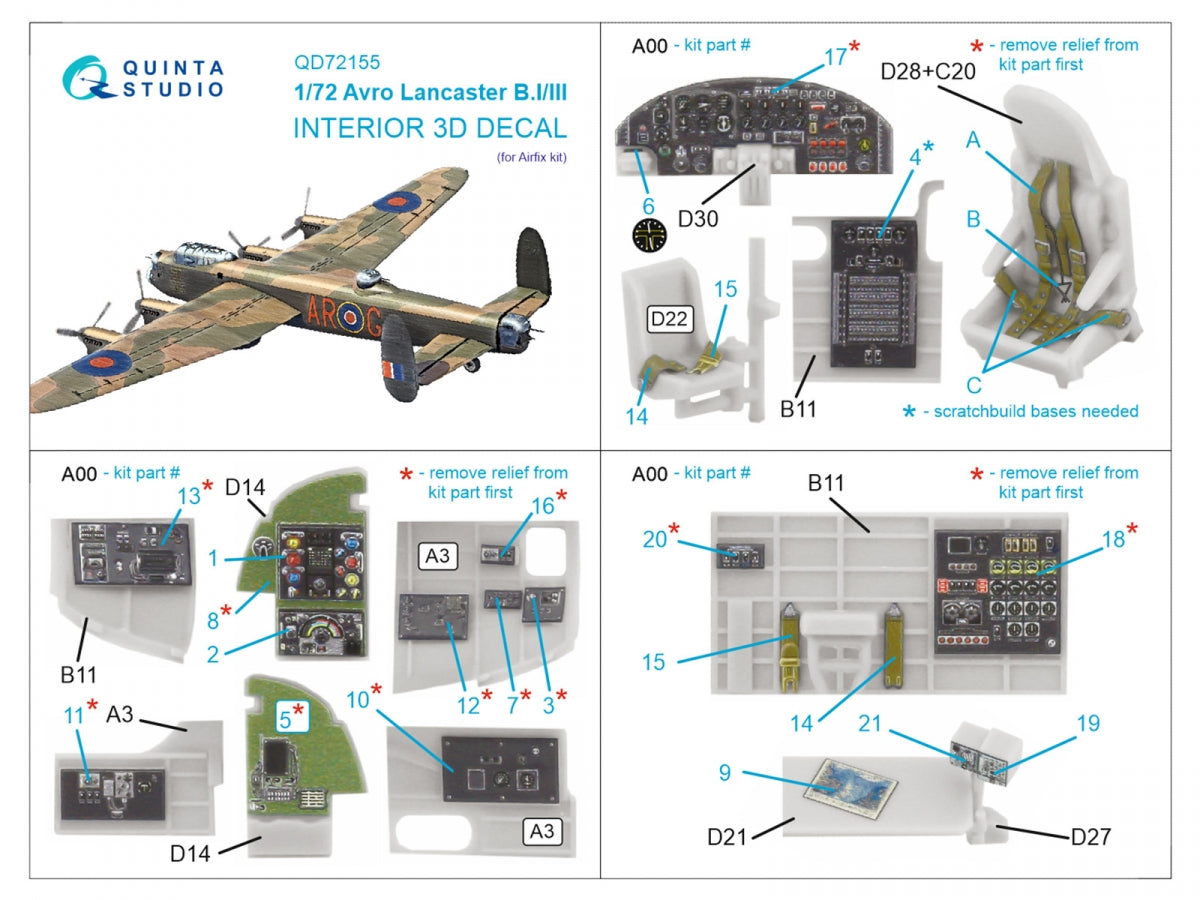 Quinta Studio QD72155 Avro Lancaster B.I/III 3D-Printed coloured Interior on decal paper (Airfix) 1/72 – immagine 2