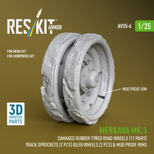 RESKIT AV35-0006 Merkava Mk.3 damaged rubber-tyred road wheels (12 pairs), track sprockets (2 pcs), idler wheels (2 pcs) &amp; mud proof rims for Meng/HobbyBoss kit (3D Printed) 1/35