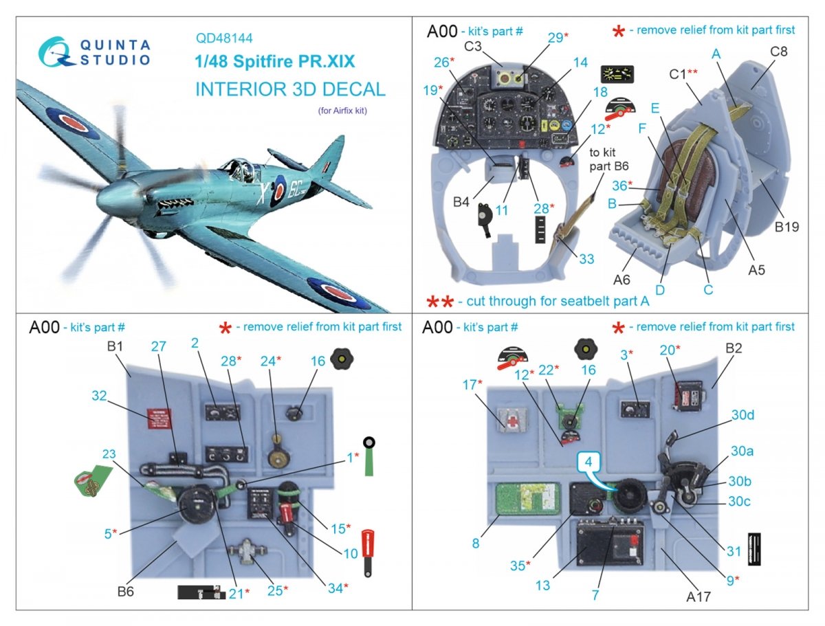 Quinta Studio QD48144 Spitfire PR.XIX 3D-Printed &amp;amp; coloured Interior on decal paper (Airfix) 1/48 – Bild 12