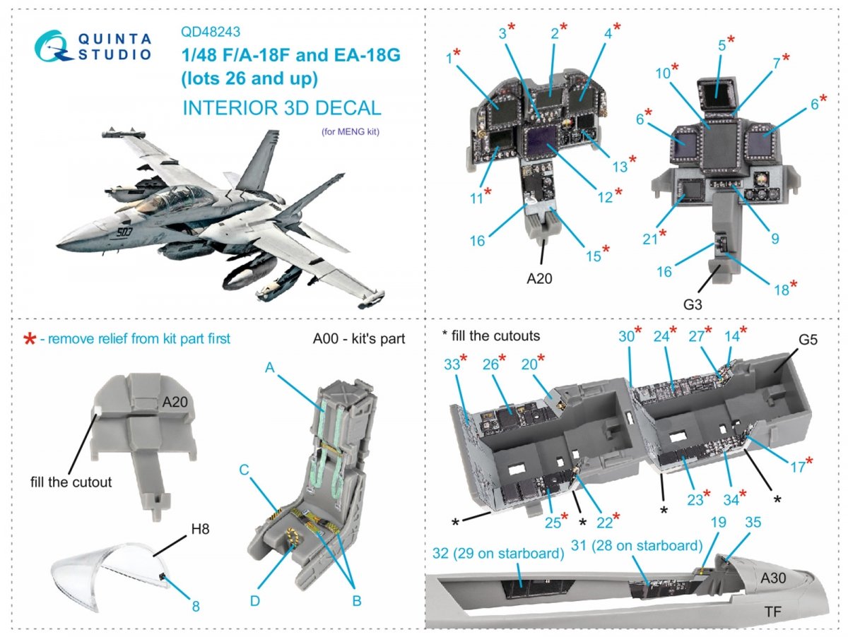 Intérieur imprimé en 3D et coloré sur papier décalcomanie pour F/A-18F tardif / EA-18G (Meng) de Quinta Studio QD48243 (Meng) 1/48 – image 2