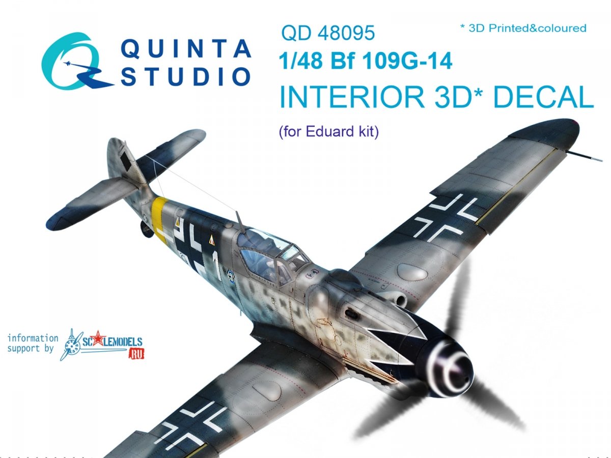 Intérieur imprimé en 3D et coloré sur papier décalcomanie Quinta Studio QD48095 Bf 109G-14 (pour kit Eduard) 1/48