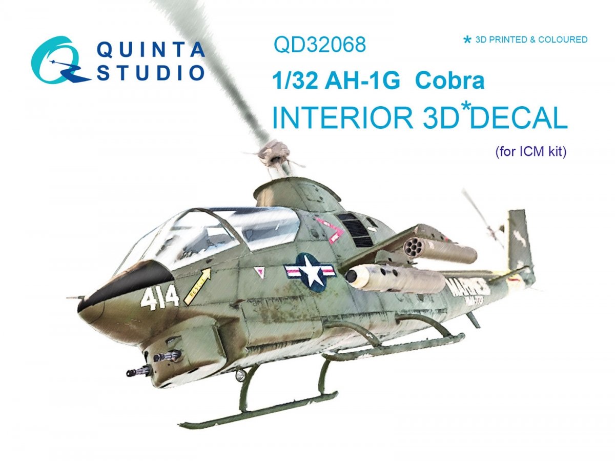 Intérieur imprimé en 3D et coloré sur papier décalcomanie pour AH-1G Cobra (QD32068 de Quinta Studio, pour kit ICM) à l'échelle 1/32