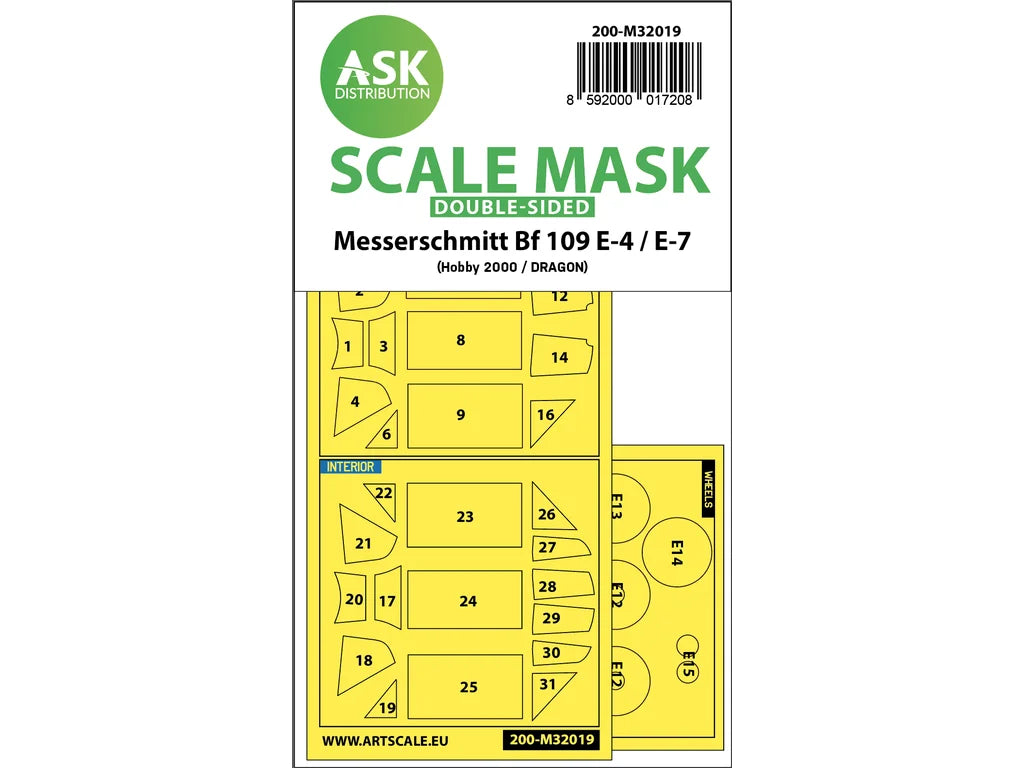 Art Scale Kit M32019 Messerschmitt Bf 109E-4 &amp;amp; E-7 Double-Sided Express Masks for Hobby2000, Dragon, HGW 1/32