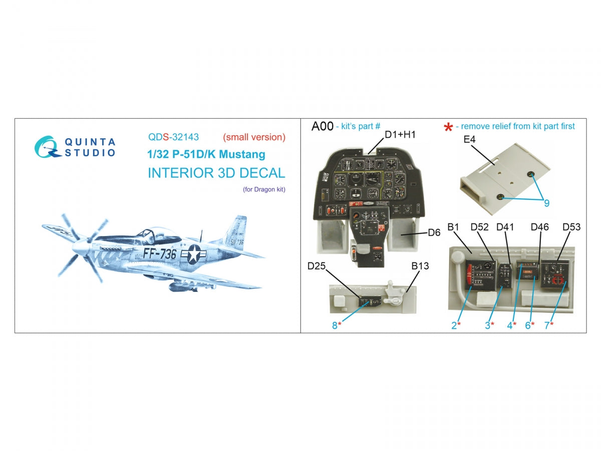 Quinta Studio QDS-32143 P-51D/K Mustang 3D-Printed coloured Interior on decal paper (Dragon) (Small version) 1/32 – imagen 2