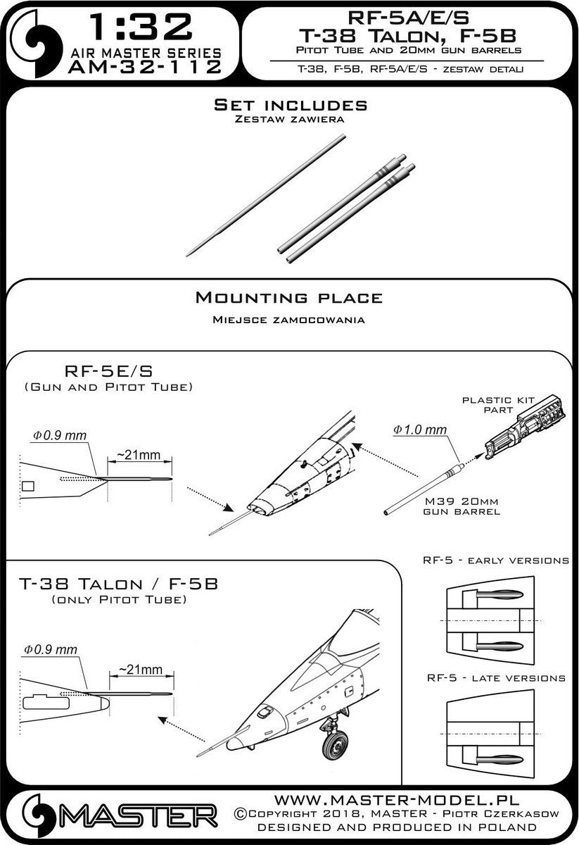 Master AM-32-112 T-38 Talon / F-5B / RF-5A, E, S - Rurka Pitota i lufy działek 20mm 1/32 – imagen 3