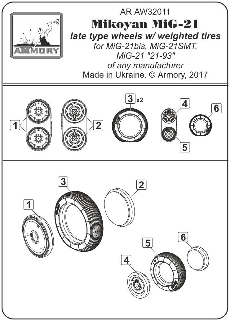 Armory Models AW32011 Mikoyan MiG-21 Fishbed wheels w/ weighted tires, late 1/32 – Bild 6