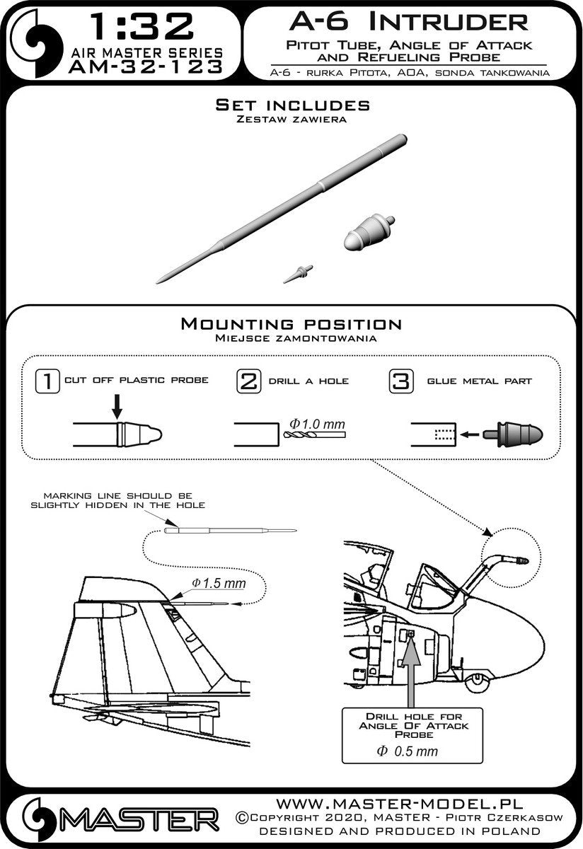 Master AM-32-123 PZL P.11c A-6 Intruder - Rurka Pitota, sonda Angle of Attack oraz tankowania 1/32 – imagen 3
