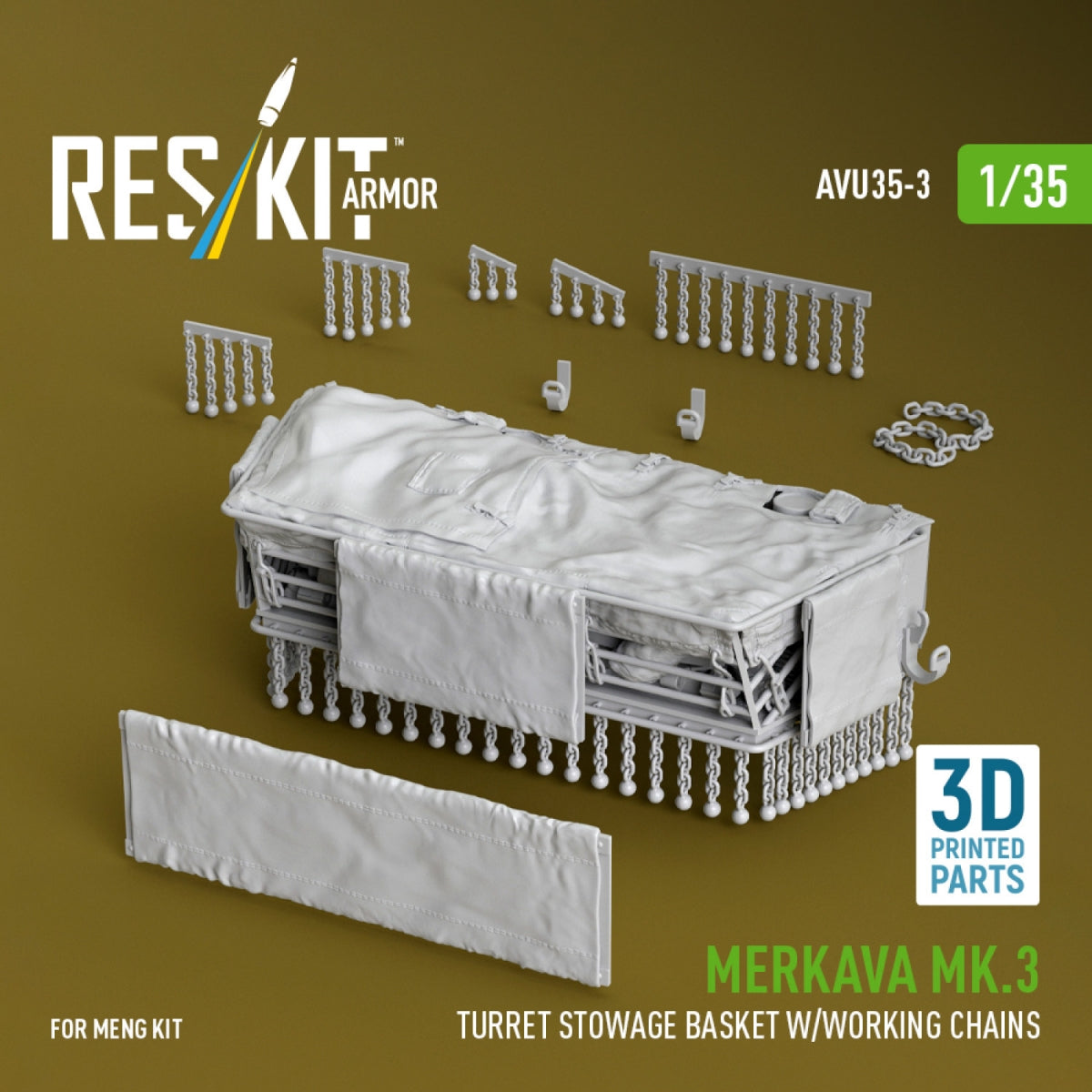 RESKIT AVU35-0003 Merkava Mk.3 turret stowage basket w/working chains for Meng kit (3D Printed) 1/35