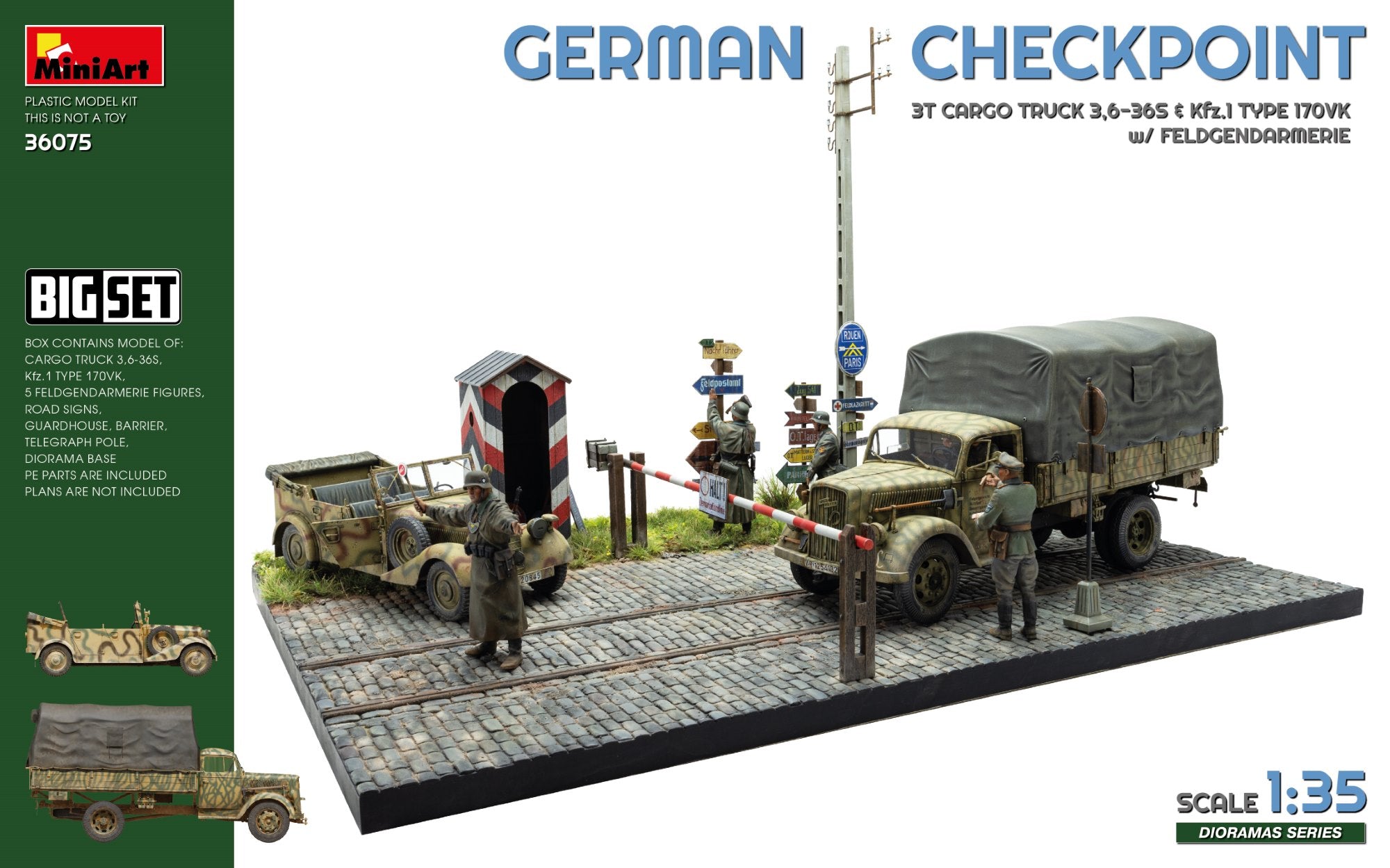 MiniArt 36075 German Checkpoint. 3t Cargo Truck 3,6-36S &amp;amp; Kfz.1 Type 170VK w/ Feldgendarmerie. Big Set 1/35