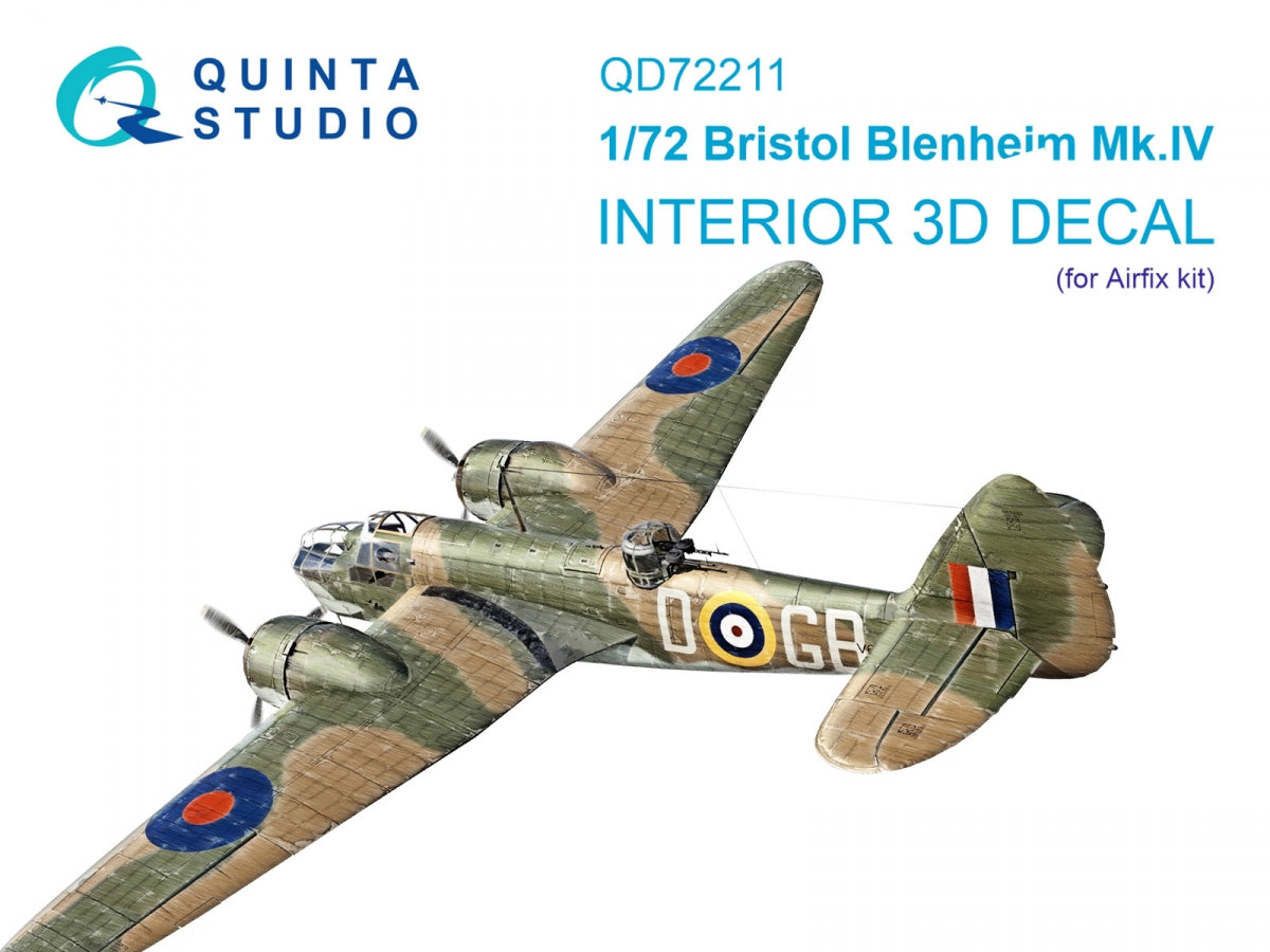 Quinta Studio QD72211 Bristol Blenheim Mk.IV 3D-Printed &amp;amp; coloured Interior on decal paper (Airfix) 1/72