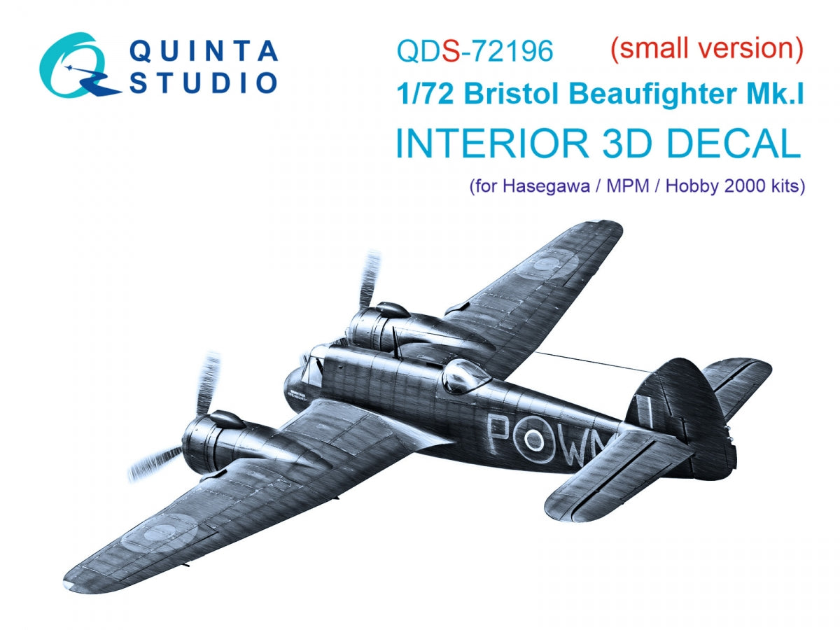 Quinta Studio QDS-72196 Bristol Beaufighter Mk.I 3D-Printed &amp;amp; coloured Interior on decal paper (Hasegawa/MPM/Hobby2000) (small version) 1/72
