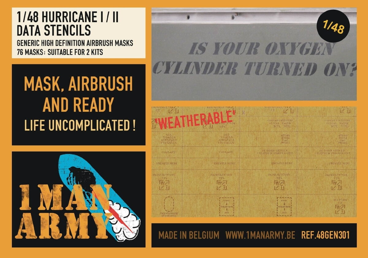 1 Man Army 48GEN301 Hurricane I/II Data Stencils 1/48
