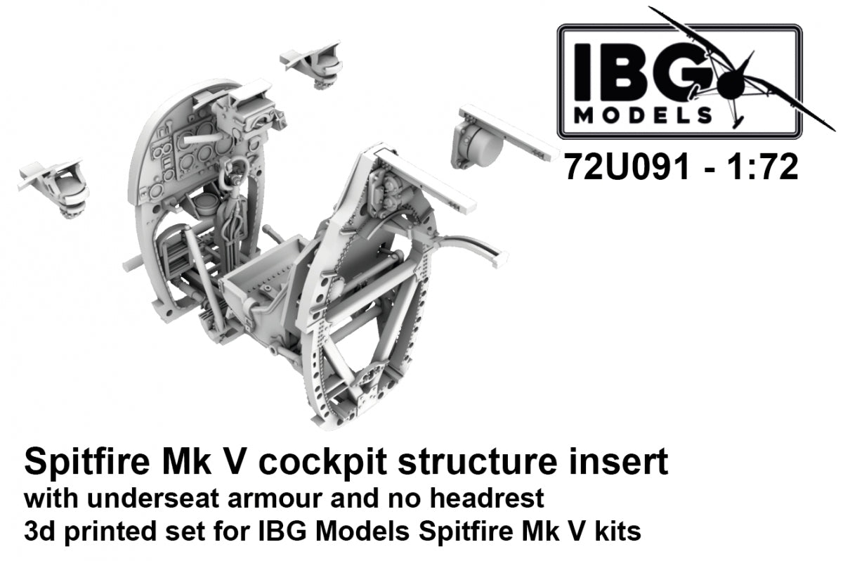IBG 72U091 Spitfire Mk V Cockpit Structure Insert (with underseat armour and no headrest) - 3d Printed Set 1/72