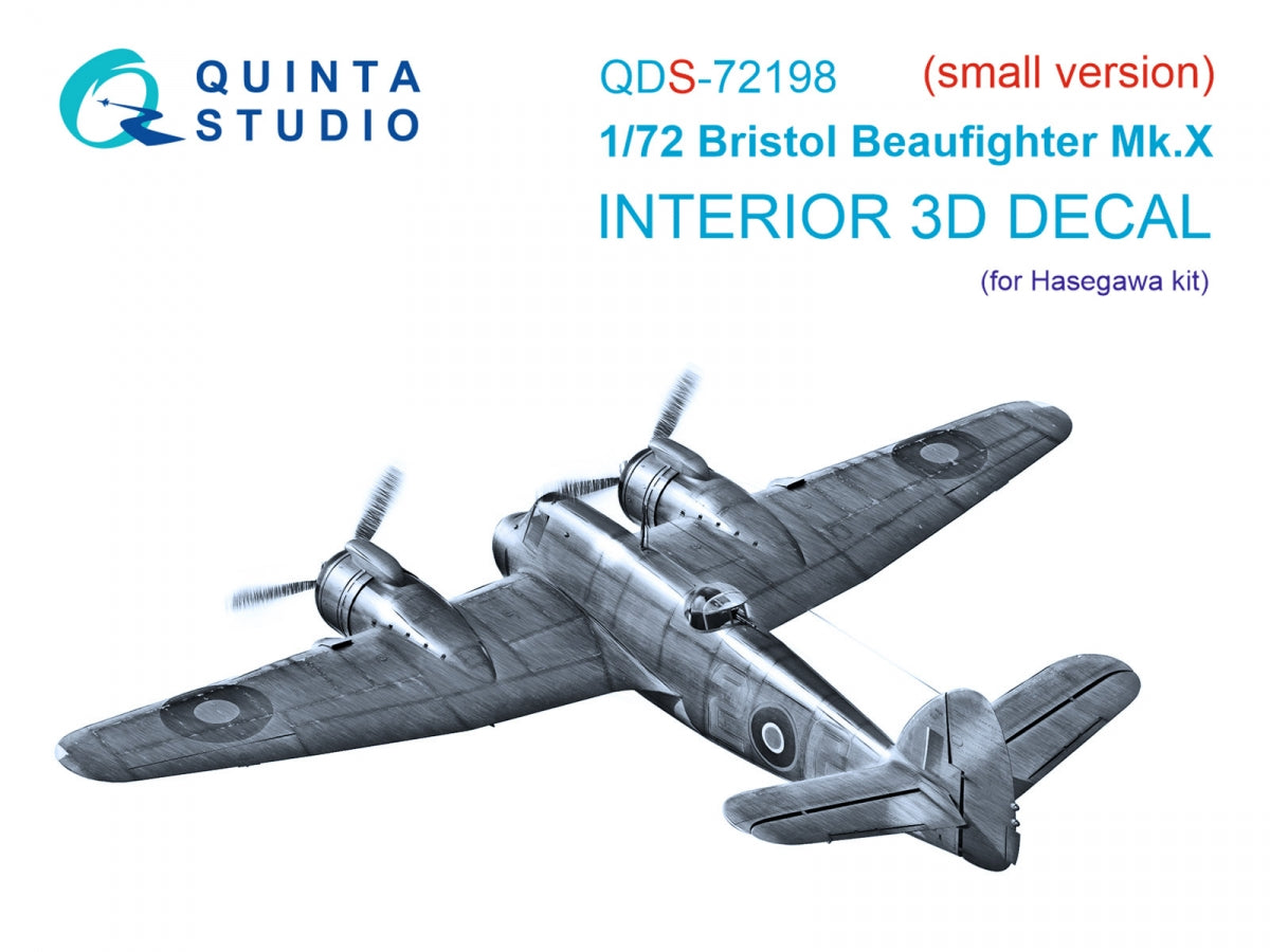 Quinta Studio QDS-72198 Bristol Beaufighter Mk.X 3D-Printed &amp; colored Interior on decal paper (Hasegawa) (small version) 1/72
