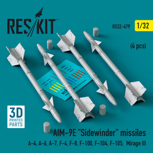 RESKIT RS32-0479 AIM-9E &amp;quot;Sidewinder&amp;quot; missiles (4 pcs) (3D Printed) 1/32