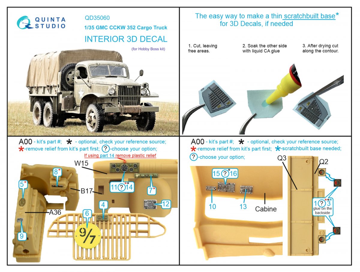 Quinta Studio QD35060 GMC CCKW 352 Cargo Truck 3D-Printed &amp;amp; coloured Interior on decal paper (HobbyBoss) 1/35 – zdjęcie 7