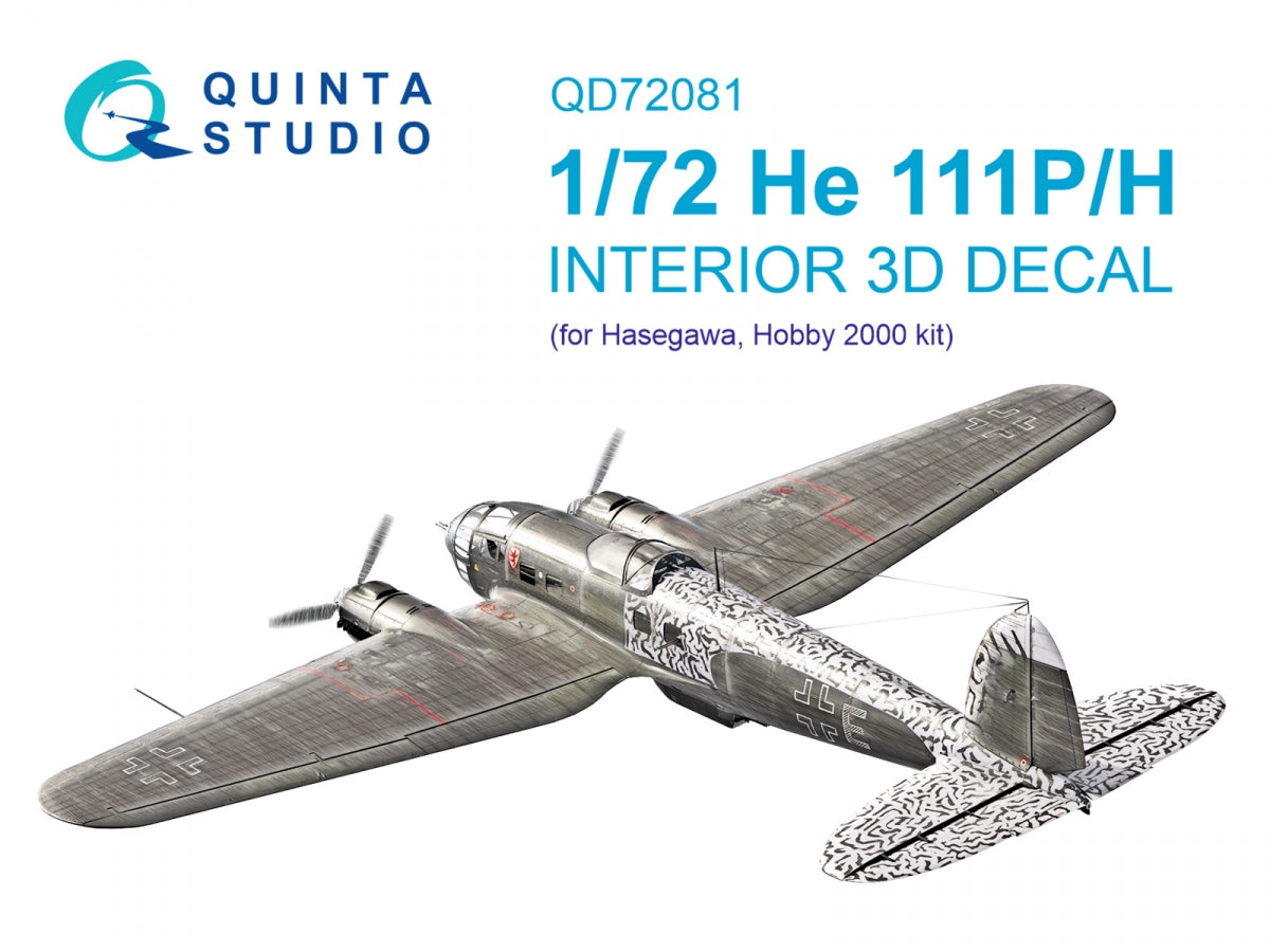 Quinta Studio QD72081 He 111 P/H 3D-Printed &amp;amp; coloured Interior on decal paper (Hasegawa) 1/72