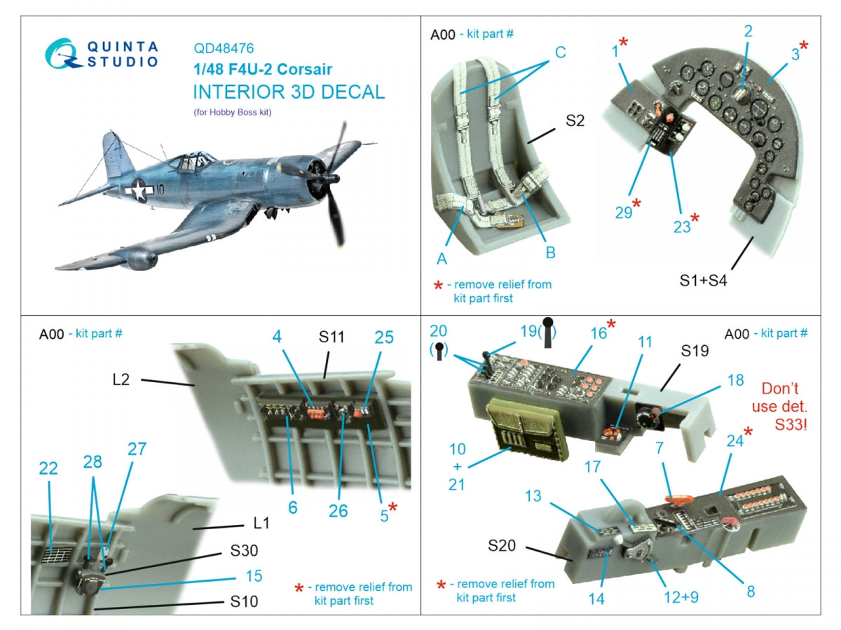Intérieur coloré imprimé en 3D sur papier décalcomanie pour F4U-2 Corsair (Hobby Boss) Quinta Studio QD48476, échelle 1/48 – image 2