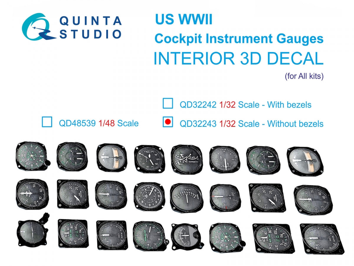 Quinta Studio QD32243 US WWII Cockpit instrument gauges without bezels 3D-Printed & coloured Interior on decal paper (All Kits) 1/32