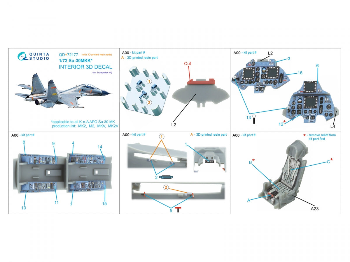 Intérieur imprimé en 3D et coloré sur papier décalcomanie (Trumpeter) pour Su-30MKK de Quinta Studio QD+72177 (avec pièce en résine imprimée en 3D) à l&amp;#39;échelle 1/72 – image 2