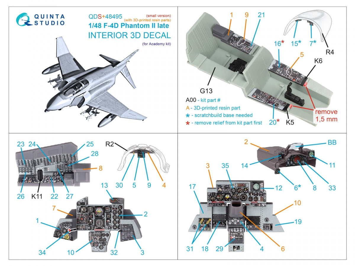 Quinta Studio QDS+48495 F-4D late Phantom II 3D-Printed &amp;amp; coloured Interior on decal paper (Academy) (Small version) (with 3D-printed resin parts) 1/48 – imagen 3