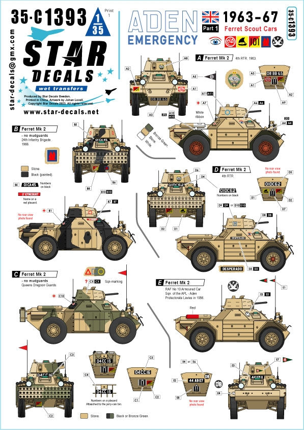 Star Decals 35-C1393 Aden Emergency 1963-67. Voitures de reconnaissance britanniques Ferret Mk 2 1/35