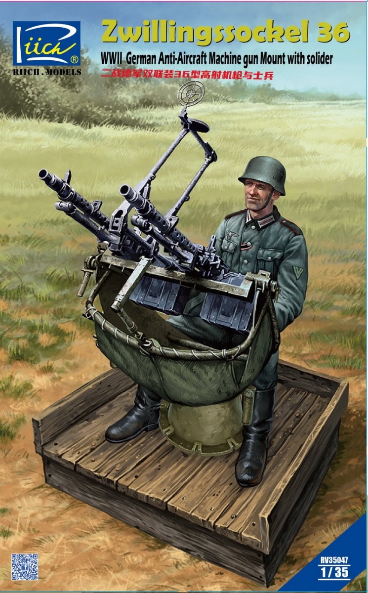 Riich RV35047 WWII German Zwillingssockel 36 Anti-Arcraft MG Mount w.soldier 1/35