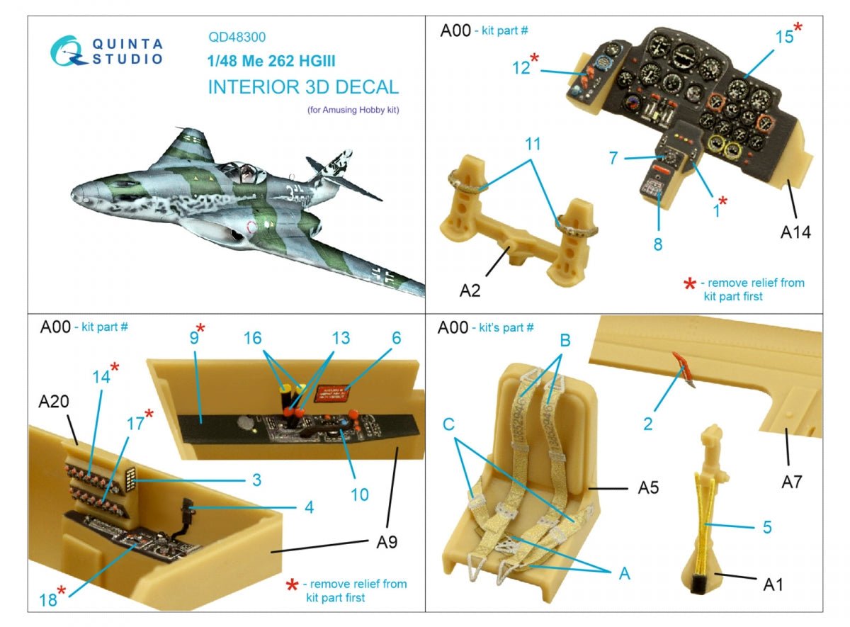 Quinta Studio QD48300 Me 262 HGIII 3D-Printed coloured Interior on decal paper (Amusing Hobby) 1/48 – imagen 2