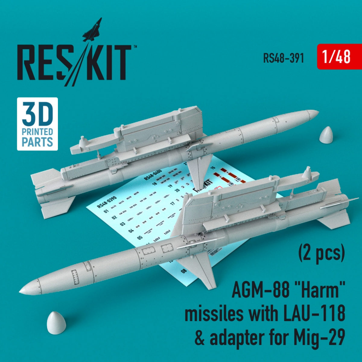 RESKIT RS48-0391 MISSILES AGM-88 « HARM » AVEC LAU-118 ET ADAPTATEUR POUR MIG-29 (2 PIÈCES) 1/48